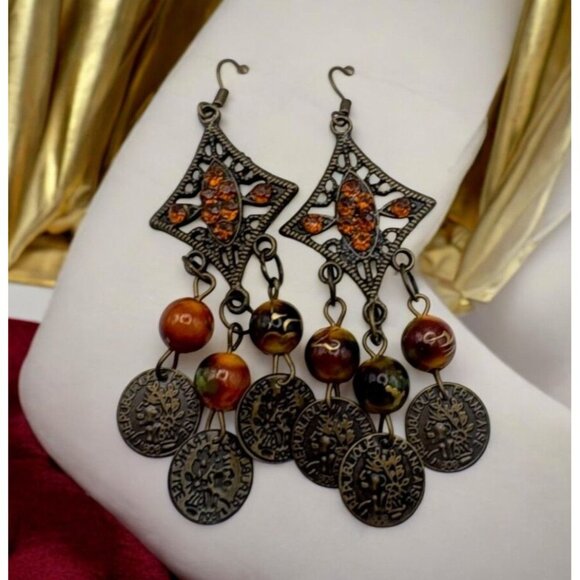 Vintage French Coin Chandelier Earrings Dangle with Orange Rhinestones Retro - Picture 1 of 6